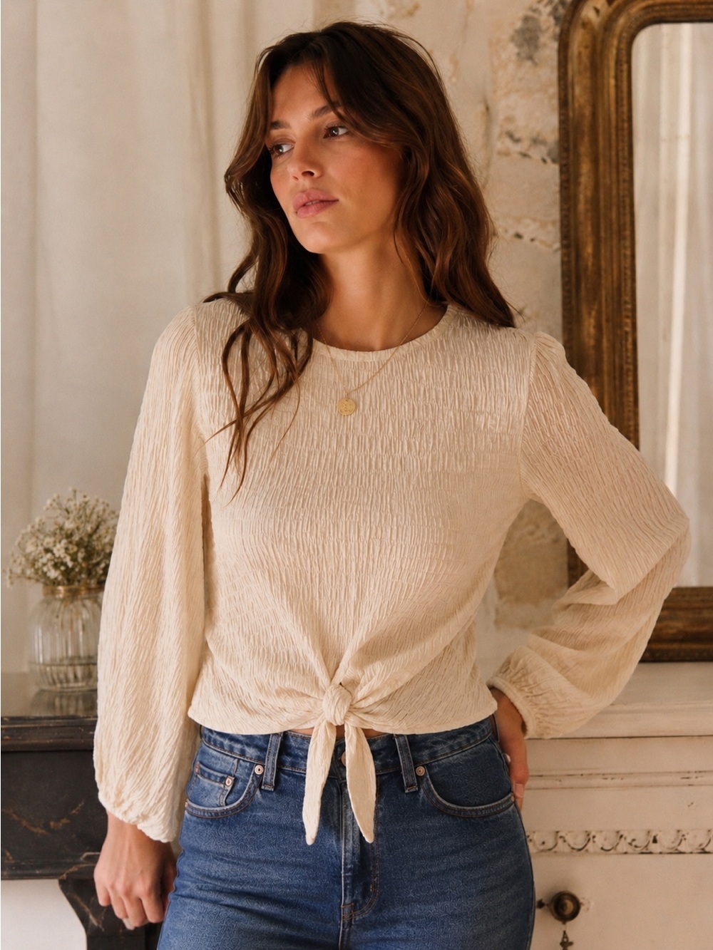 Sovere Womens Top XS Cream Smocked Tie Front Balloon Sleeve Boho Blouse Shirt